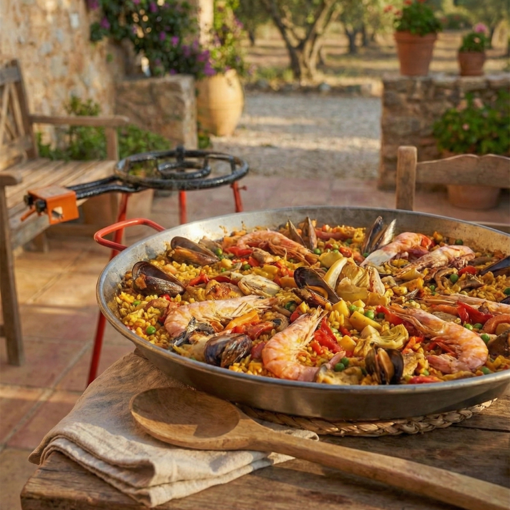 Garcima Mediterraneo authentic carbon steel paella pan with outdoor gas burner set.