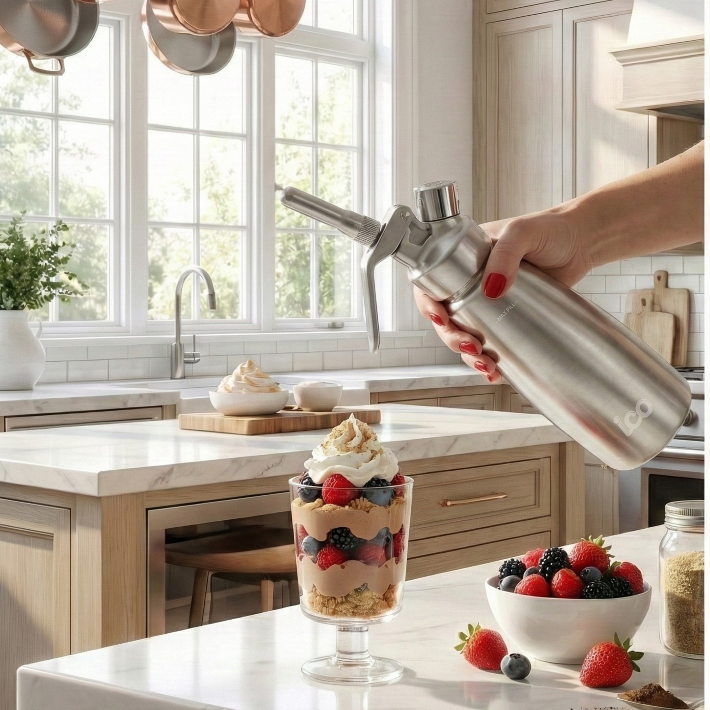Professional 1-pint stainless steel whipped cream maker and culinary dispenser. Chantilly Whipped Cream on desert berry crumble cake