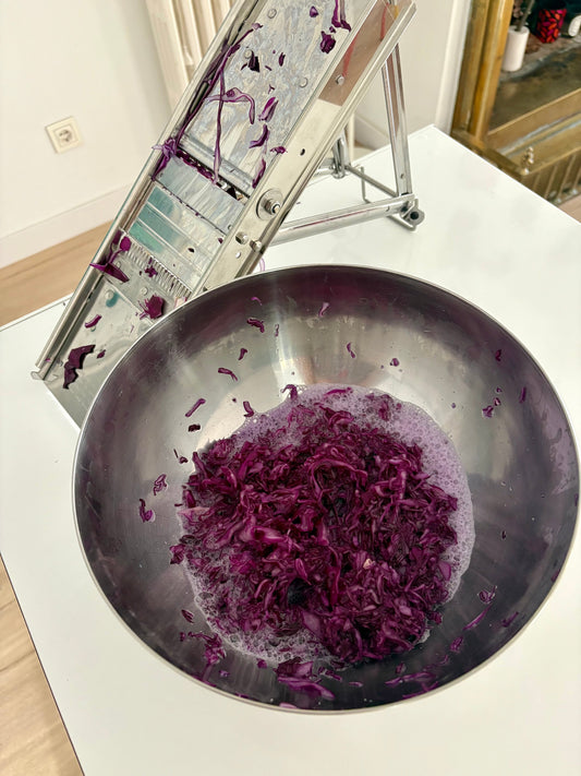 Photo of a Stainless Steel Mandoline next to a bowl full of shredded red cabbage ready for fermentation