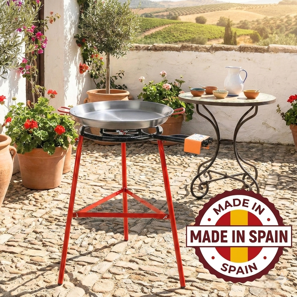 20-inch Garcima Tabarca paella pan and heavy-duty gas burner kit. Tripod burner