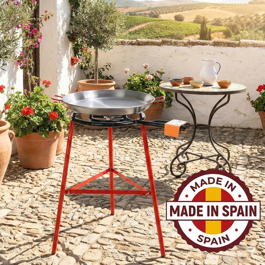 20-inch Garcima Tabarca paella pan and heavy-duty gas burner kit. Tripod burner