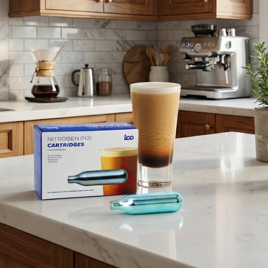 Nitrogen cartridge box with a glass of layered coffee on a kitchen counter. Box of premium 2g N2 nitrogen compressed gas cartridges for cold brew.