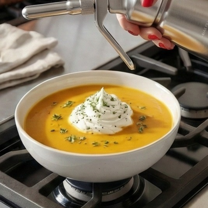Bowl of soup with a dollop of cream on a stove. Premium 8g nitrous oxide N2O whipped cream dispenser chargers.. N2O Chantilly whipped cream espuma