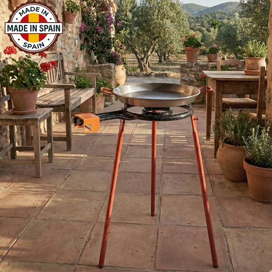 Garcima Mediterraneo authentic carbon steel paella pan with outdoor gas burner set. Made in Spain