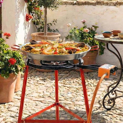 20-inch Garcima Tabarca paella pan and heavy-duty gas burner kit. Paella
