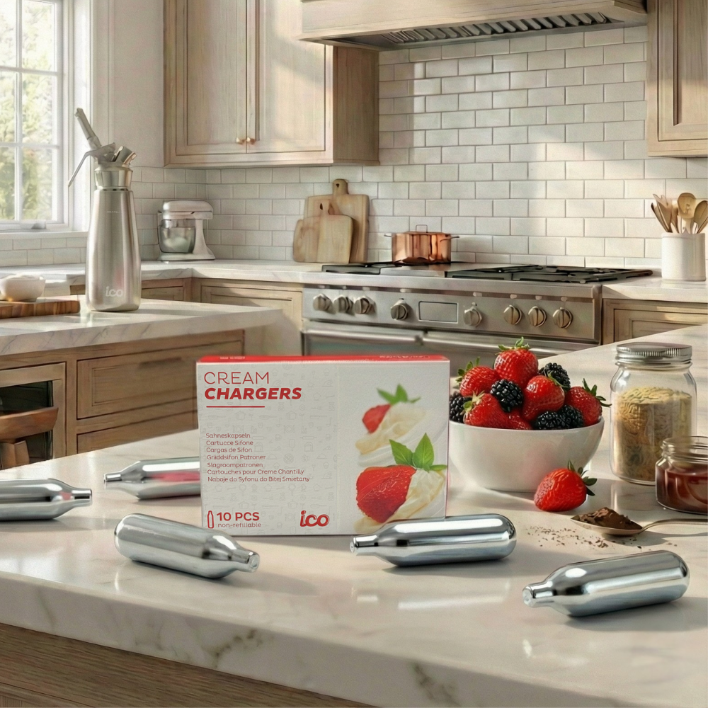 Kitchen counter with cream chargers and a box labeled 'Cream Chargers' on a marble countertop. Premium 8g nitrous oxide N2O whipped cream dispenser chargers. Berrues Chantilly