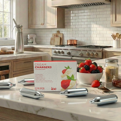 Kitchen counter with cream chargers and a box labeled 'Cream Chargers' on a marble countertop. Premium 8g nitrous oxide N2O whipped cream dispenser chargers. Berrues Chantilly
