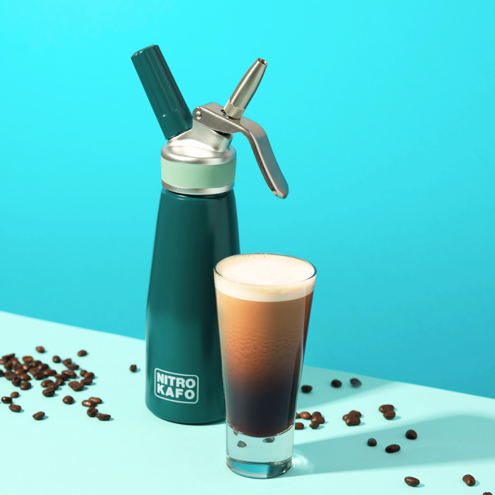 Nitro Kafo nitro cold brew coffee maker dispensing creamy stout coffee.