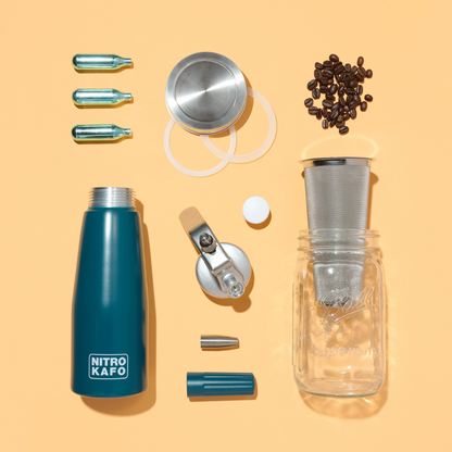 Nitro Kafo nitro cold brew coffee maker dispensing creamy stout coffee. Complete kit with infuser.