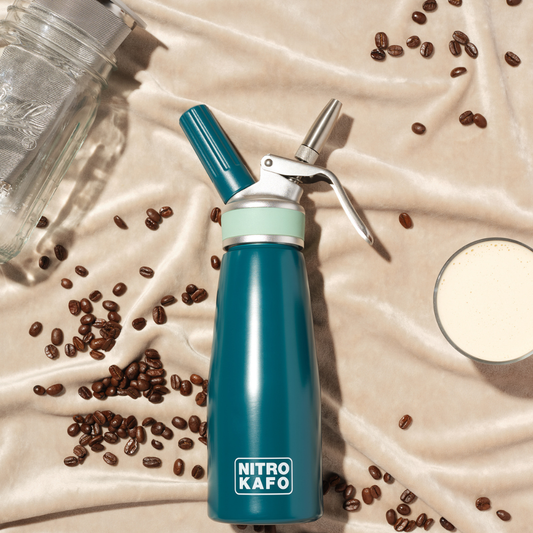 Nitro Kafo nitro cold brew coffee maker dispensing creamy stout coffee. Mason Jar infuser