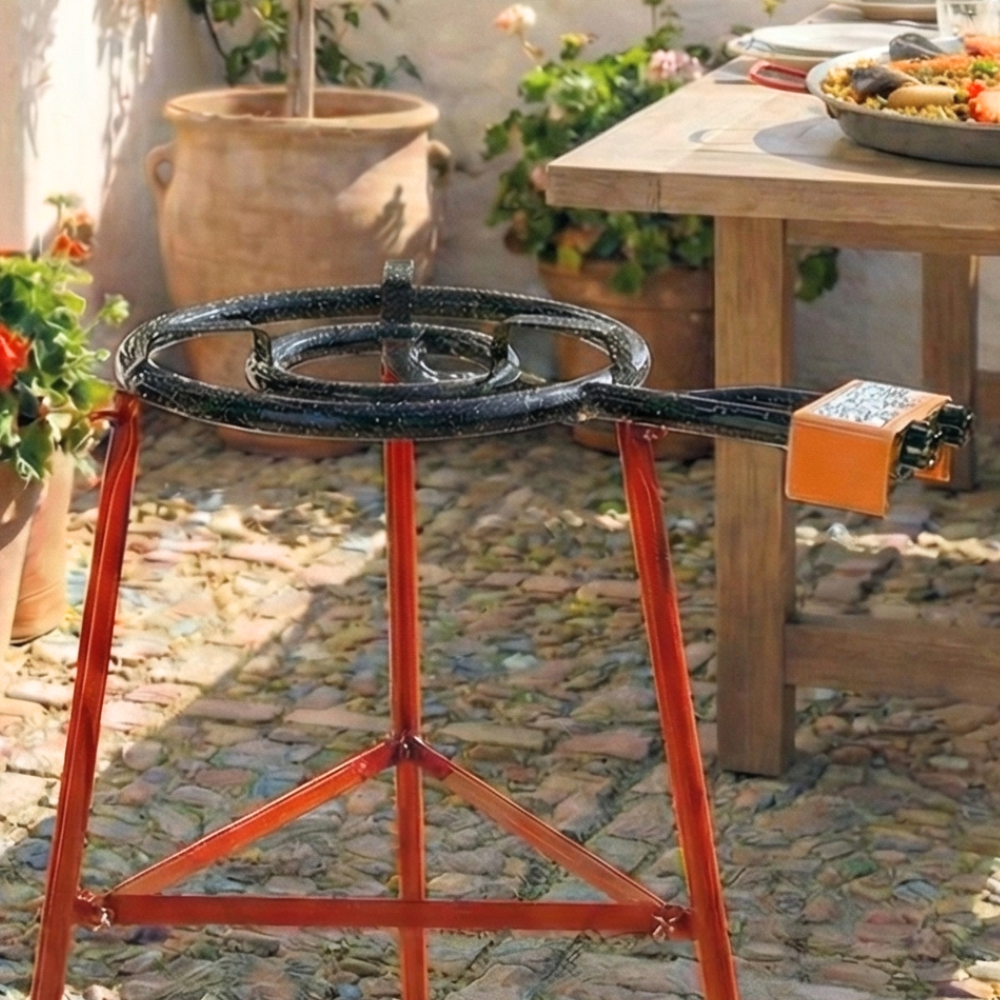 20-inch Garcima Tabarca paella pan and heavy-duty gas burner kit. Tripod burner