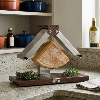 Traditional quarter round Swiss raclette cheese melting machine in use. Quarter round cheed and rosemary. 