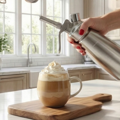 Professional 1-pint stainless steel whipped cream maker and culinary dispenser. Chantilly Whipped cream on coffee hot chocolate Vienna. 