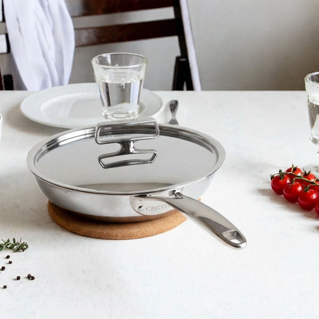 The Cristel Castel'Pro 9.5" deep frying pan with its custom-fit stainless steel lid, resting on a white table setting with fresh tomatoes and herbs.