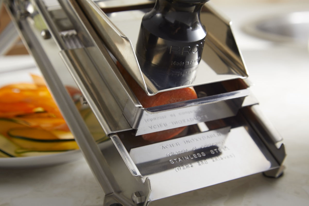 L'Héritage professional stainless steel French mandoline slicer with adjustable blades. Safety Chariot protection. Carrot julienne. Precision slicing. 