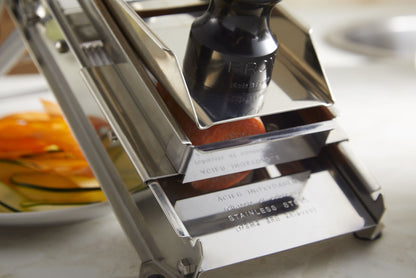 L'Héritage professional stainless steel French mandoline slicer with adjustable blades. Safety Chariot protection. Carrot julienne. Precision slicing. 